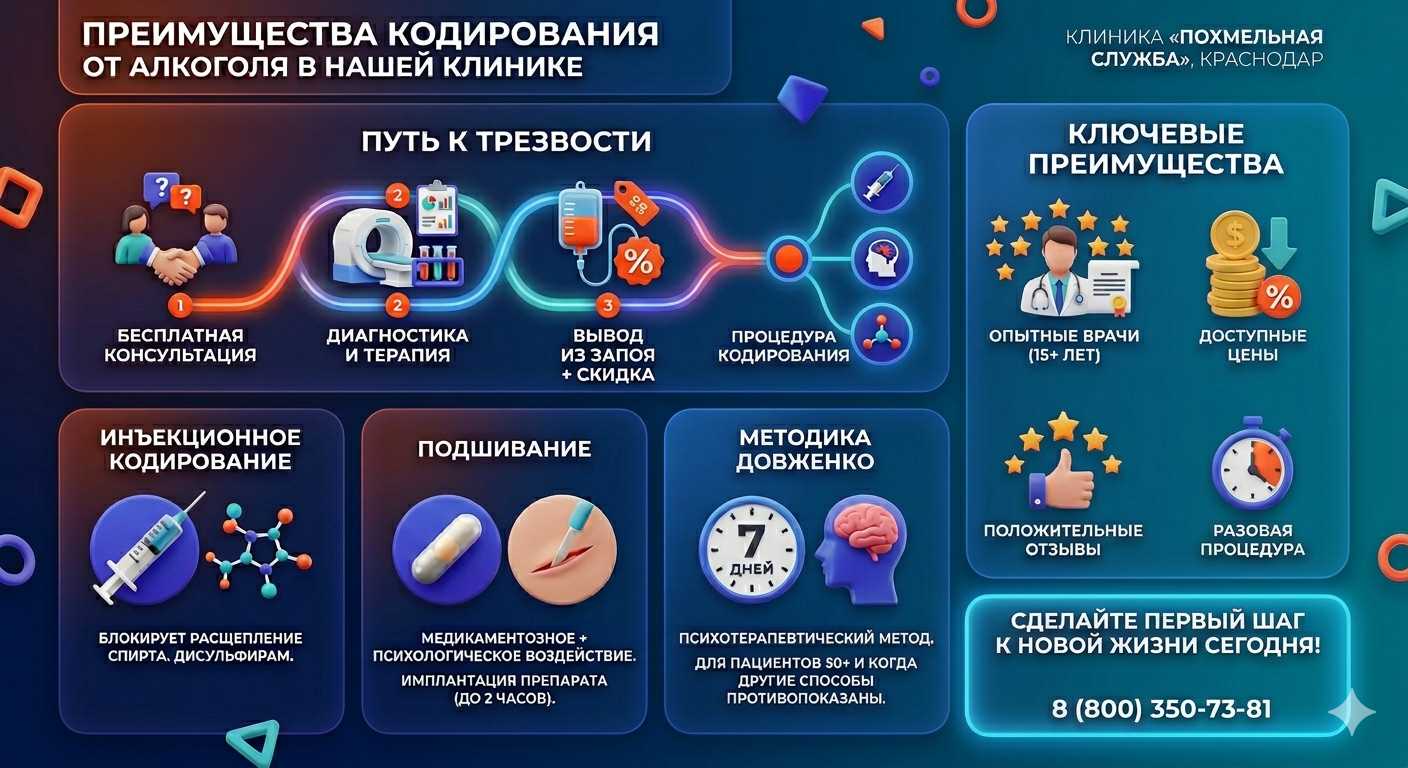 Инфографика о методах кодирования от алкоголя в Новониколаевском: инъекции, подшивание, метод Довженко. Преимущества клиники и этапы лечения.