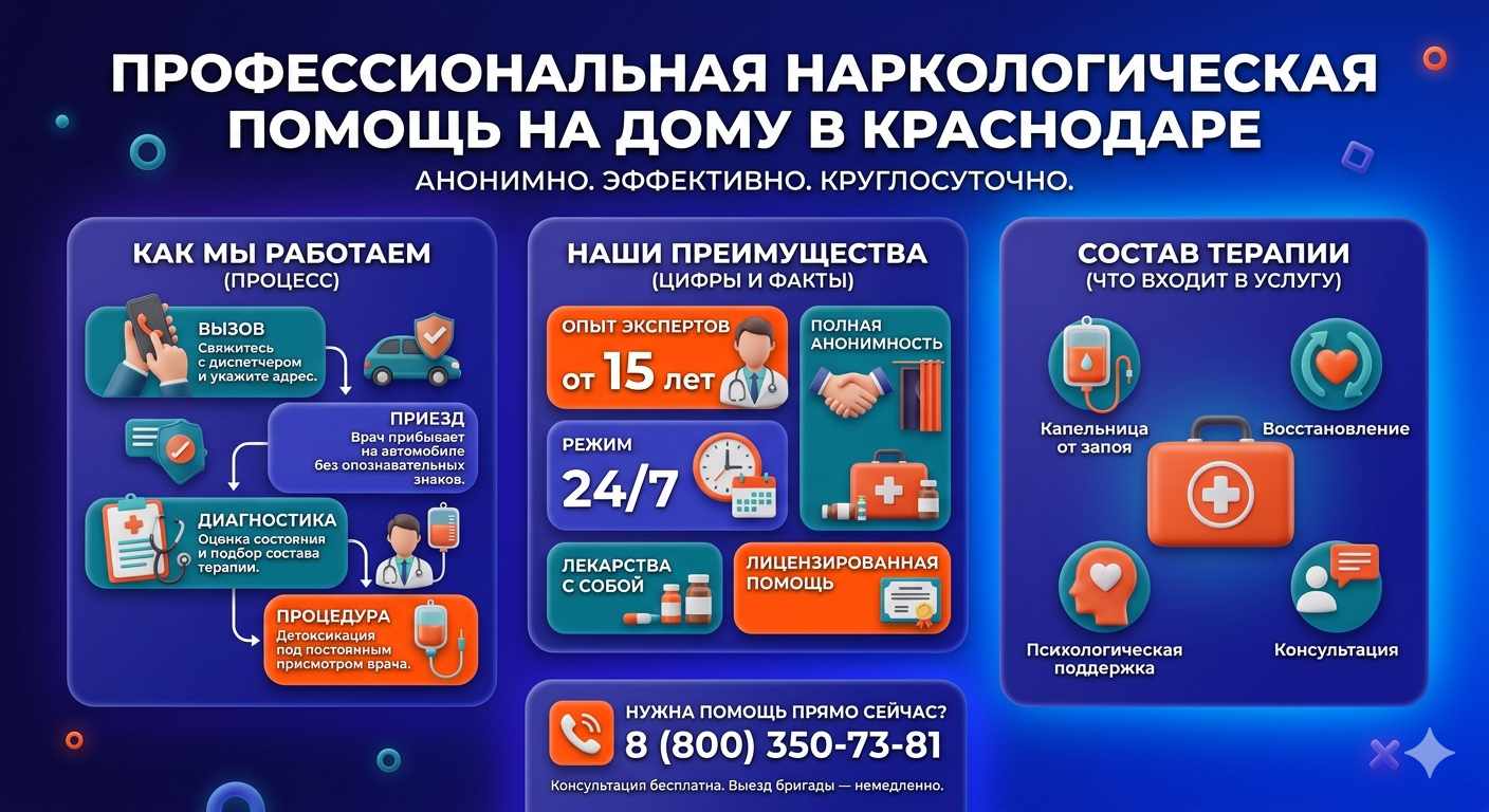 Инфографика о принципах лечения алкоголизма на дому в Новониколаевском: этапы вызова нарколога, преимущества анонимной детоксикации и состав медицинской помощи.